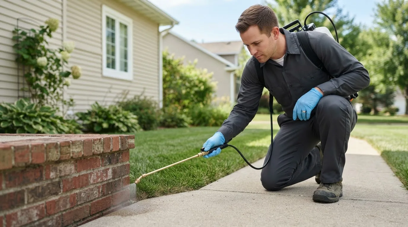 Pest control technician treating a home near Waubun, MN